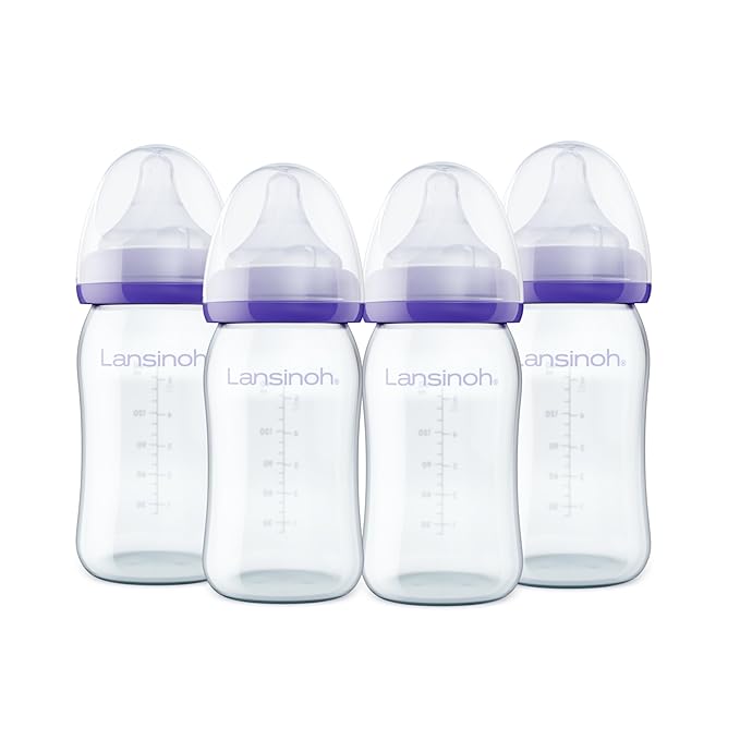 Lansinoh Anti-Colic Glass Baby Bottles, 5 Ounces, 4 Count Bottles for Feeding, Baby Essentials, Includes 4 Slow Flow Nipples, Size S