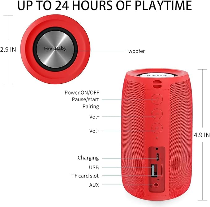 Bluetooth Speaker,MusiBaby Wireless,Outdoor, Waterproof,Portable Speaker,Dual Pairing, Bluetooth 5.0,Loud Stereo,Booming Bass,24H Playtime for Home&Party,Gifts(Pure Red)