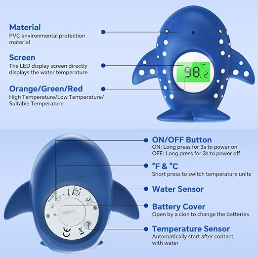 Baby Bath Thermometer, Infant Digital Water Thermometer Safety with 3 Color Backlit and Temperature Warning, Room Thermometers Floating Toy for Infant, Toddler, Bathtub, Swimming Pool (Navy Blue)