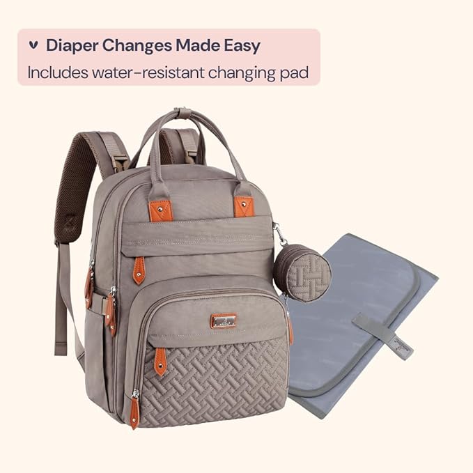 BabbleRoo Diaper Bag Backpack - Baby Essentials Travel Tote - Multi Function Waterproof Diaper Bag, Travel Essentials Baby Bag with Changing Pad, Stroller Straps & Pacifier Case - Unisex, Khaki