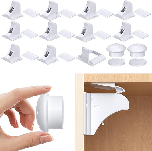 Child Safety Magnetic Cabinet Locks, AOSITE 10 Pack+2 Keys Baby Proofing Magnetic Drawer Locks for Kitchen with Adhesive No Drilling or Screws Fixed, Baby Safety Cabinet Locks