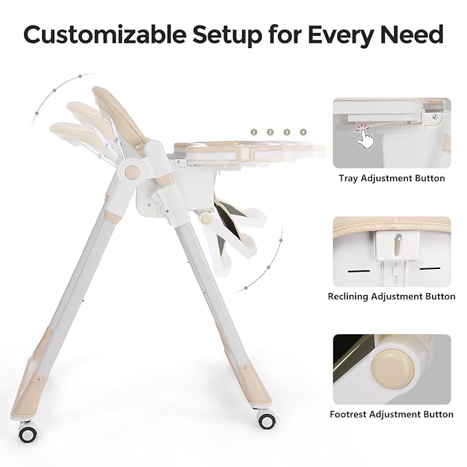 3-in-1 Foldable High Chair for Babies & Toddlers – Adjustable Height, Reclining Seat, 5-Point Safety Harness, Removable Tray, Lockable Wheels and Washable Cushion, Beige