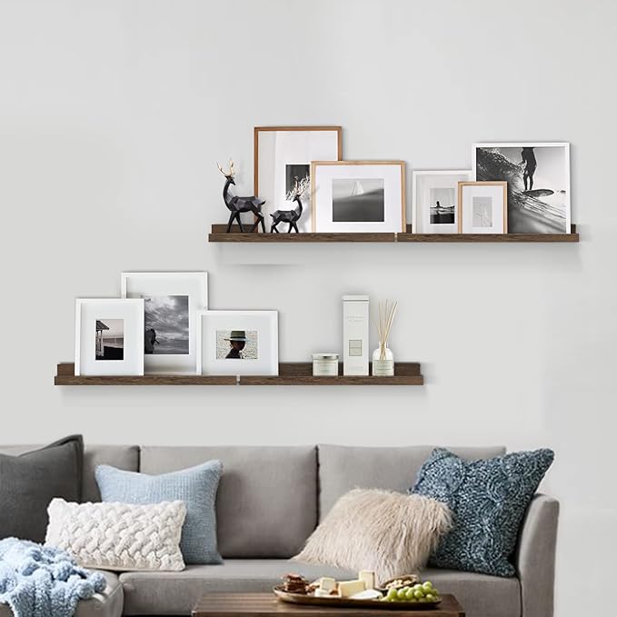 Forbena Rustic Picture Ledge Shelf Set of 4, Floating Picture Shelves for Wall with Lip, Wood Photo Ledge Shelves for Bedroom, Living Room, Office, Wall Decor (23.1 Inch Wide, Dark Brown)