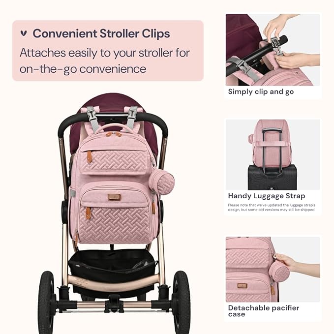 BabbleRoo Diaper Bag Backpack, Travel Backpack with Changing Pad, Pacifier Case & Stroller Straps, Multifunction, Waterproof, Unisex – Pink
