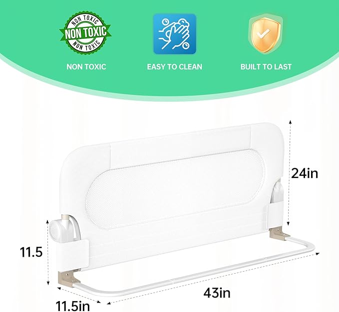 Folding Bed Rail for Toddlers,Baby Bed Rail Guard with Reinforced Anchor Safety System,Fit Bunk,Full Size,Queen,King,Twin(White,43"x23.6")