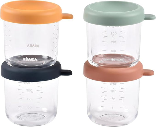 BEABA 4 Pack Glass Baby Food Jars with Soft Silicone Air Tight Lids, 8 oz Glass Storage Containers with Lids, Microwave and Freezer Safe Containers, Sunrise