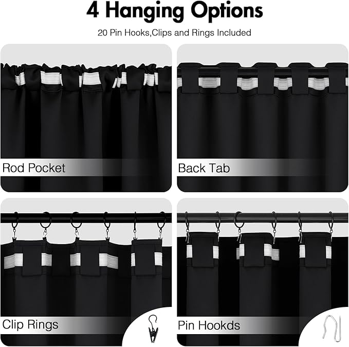 ANRODUO Back Tab Blackout Curtains for Bedroom Living Room, Rod Pocket Pinch Pleated Thermal Insulated Room Darkening Curtains 45 Inches Long 2 Panels, Black, 42 x 45 Inch