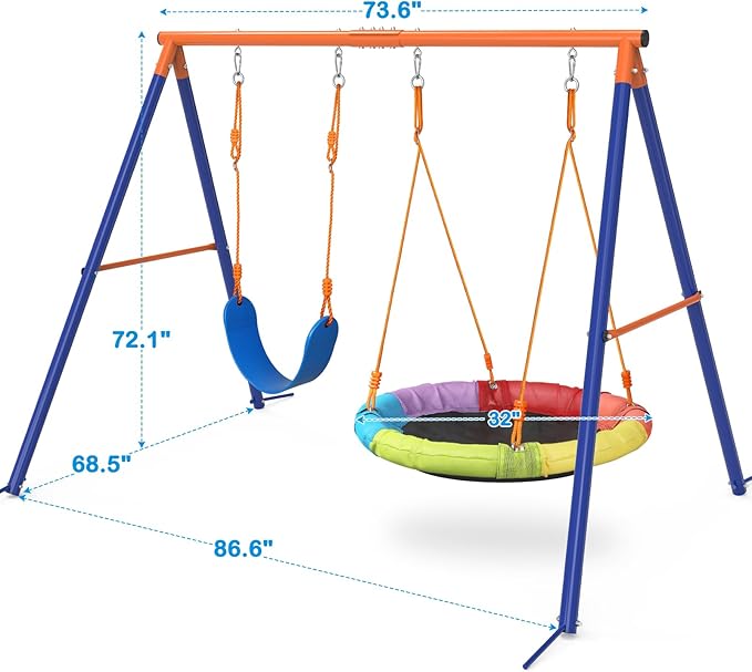 GIKPAL Swing Set with Stand for Kids, Outdoor Swing Sets for Backyard with 32 Saucer and 26.2" Seat, Heavy Duty Metal A-Frame Holds 440 lbs