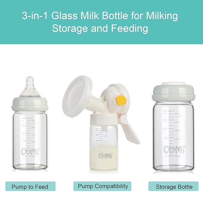 COMI Wide Neck Glass Breastmilk Collection n Storage Bottle, 6oz with Screw Ring Sealing Disk; Re-markable Sealing Disc. BPA Free, Fits Breast Pumps & Nipples (Gray Lids)