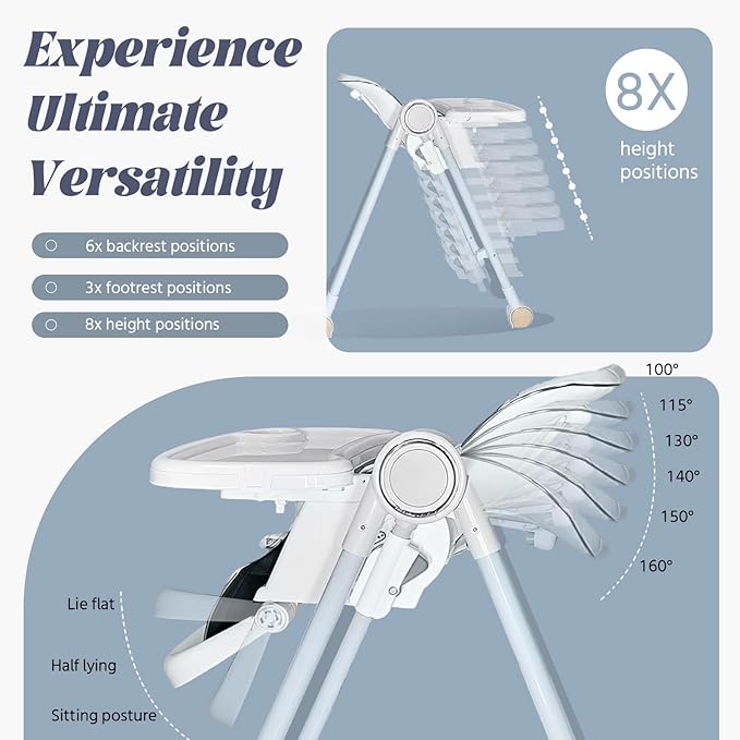5 in 1 Baby High Chair Swings for Infants Foldable Rocking 8 Level Height Adjustment Eco Friendly Washable PU Cushion(White)