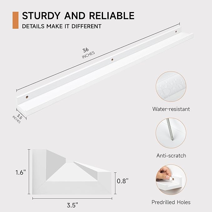 Fun Memories Picture Ledge Shelf, 36 Inch Floating Shelves Set of 2, Nursery Book Shelves for Toys Storage, Kids Bookshelf Wall Mounted for Wall Decor Books Photo Frames, White