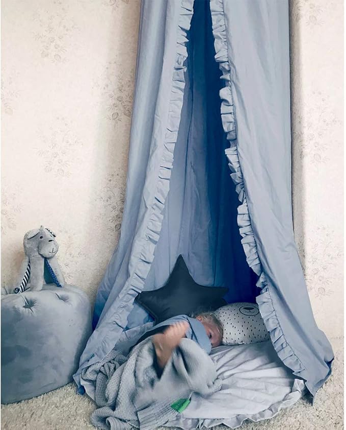 Bed Canopy with Frills Reading Nook Game Tent for Kids Boho Hanging Net Play Room Decor(Blue)