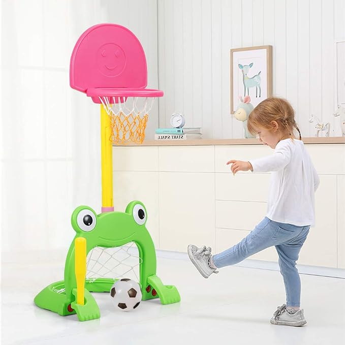 Costzon Toddler Basketball Hoop, 3-in-1 Sports Set for Basketball, Baseball & Football, 6 Height Adjustable Basketball Toy Activity Center for Indoor & Outdoor, Best Gift for Kids (Cute Frog)