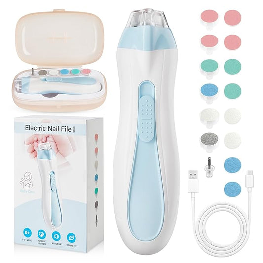 Baby Nail Trimmer Electric, 15 in 1 Baby Nail Clippers for Gentle Nail Care, Rechargeable Baby Nail File Electric with Light &15 Grinding Pads for Infant Toddler, Blue