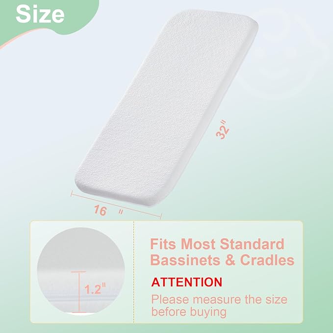 ANGELBLISS Bassinet Mattress Topper, Gel Memory Foam Mattress with Removable Cover Fit for Cradle and Moses Basket (32" x 16"), Waterproof Breathable Soft Bassinet Mattress