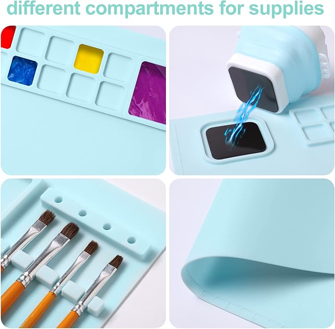 AWOKE Silicone Painting Mat - 20"X16" Silicone Art Mat with 1 Water Cup for Kids - Craft Mat has12 Color Dividers - 2 Paint Dividers (Blue),Toddler Activities,3 4 5 Year Old Girl Boy Birthday Gifts