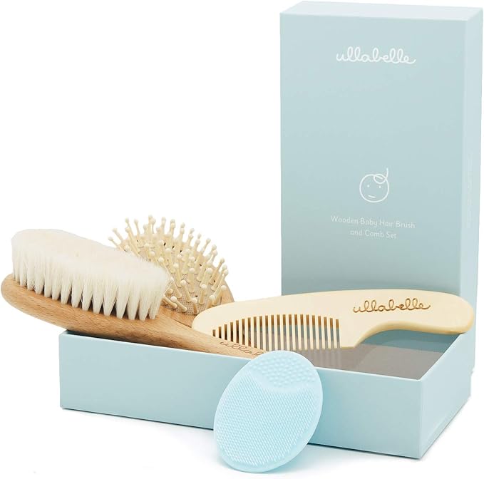 4 Piece Wooden Baby Hair Brush and Comb Set for Newborns & Toddlers in Chic Gift Box - Ultra Soft Natural Goat Hair and Wood Baby Brush Set Prevents Cradle Cap - Perfect Registry Gift (Blue)