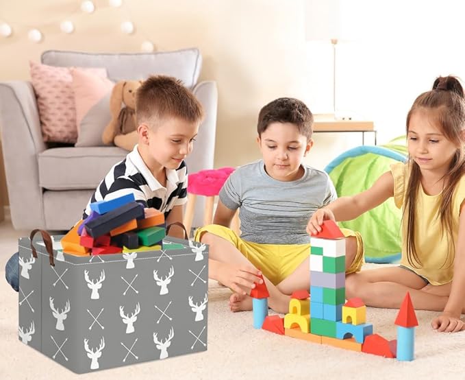 HIYAGON Baby Basket Cute Toy Bin for Boys and Girls Kids Storage Bin Organizer Box Gift Basket Empty Rectangular Deer Room Decor for Home(Grey deers)