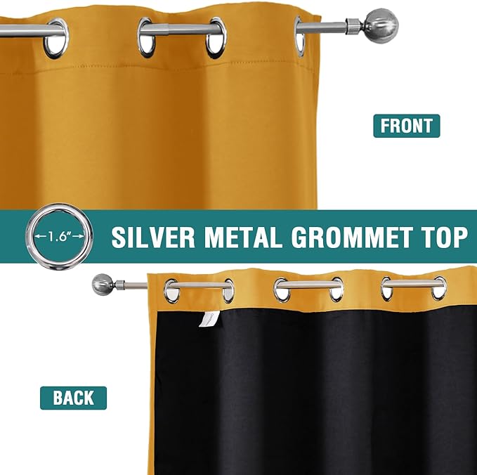 ChrisDowa 100% Blackout Curtains 90 inch Long for Bedroom with Black Liner, 2 Thick Layers Total Blackout Thermal Insulated Grommet Long Window Curtains 2 Panels Set (Mustard Yellow, 52 x 90 Inch)