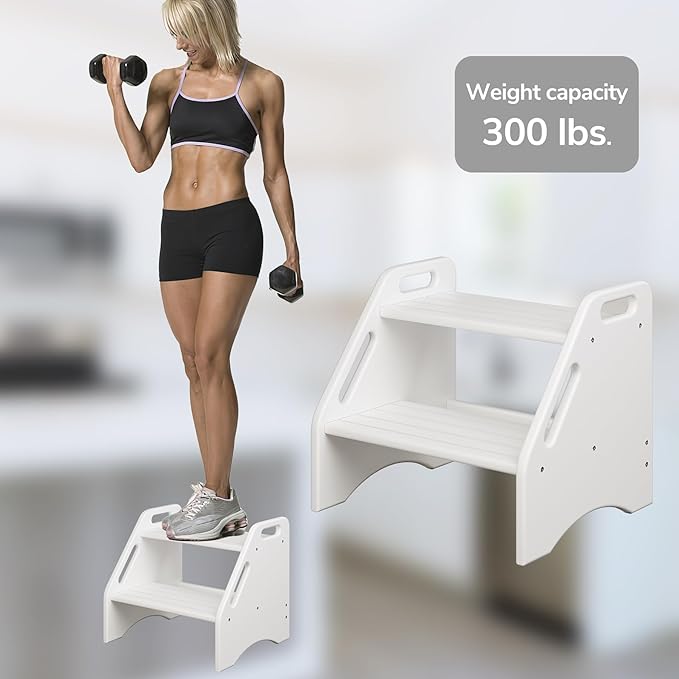 AMBIRD Wooden Two Step Stools Toddler with Safety Non-Slip Pads and Handles, Bamboo Step Stool for Bathroom, Bedroom, Kitchen Dual Height Step Stools for Kids (White)