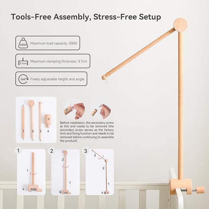 HI BABY MONMENT Crib Mobile Arm - Baby Mobile Hanger with 360° Vertical Adjustment, Stabilizing Attachment for Added Safety, Mobile Arm for Crib, Sturdy & Secure Design for Nursery Mobile