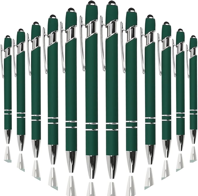 Ballpoint Pen with Stylus Tip, Soft Touch Click Metal Pen, 1.0mm Medium Point, Black Ink, 12 Count(Dark Green)