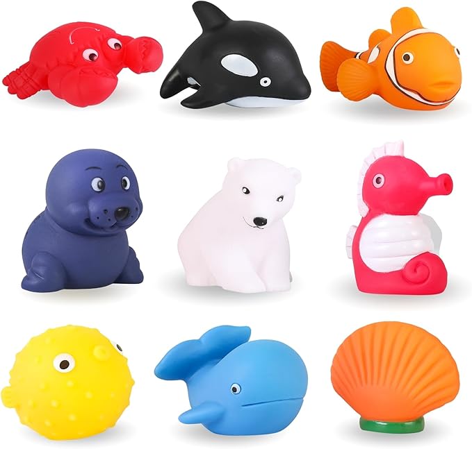 XY-WQ Bath Toys No Hole, for Infants 6-12& Toddlers 1-3, No Hole Bathtub Toys (Sea Animals, 9 Pcs with Mesh Bag)