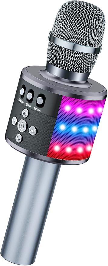 BONAOK Karaoke Microphone for Kids & Adults - Bluetooth Microphones Singing Mic with Disco Lights, Echo Effect, Built-in Speaker Portable Karaoke Player for Party Travel Gifts Q78(Space Gary)