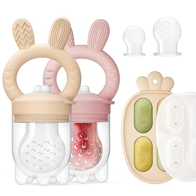 2 Packs Baby Fruit Feeder & Freezer Nibble Tray Combo, Push Pop Baby Food Feeder to Safely Introduce New Foods, Fresh & Frozen Food Silicone Feeder, 100% Food Grade, BPA Free (Caramel & Pink)