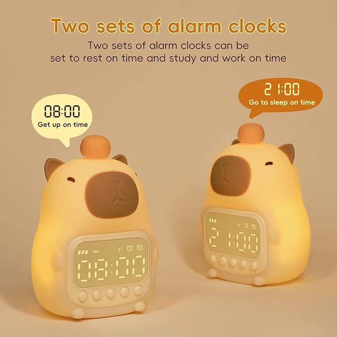 Capybara Alarm Clock with Night Light for Kids, Cute Toddler Alarm Clocks for Bedrooms Ok to Wake Clocks for Girls and Boys, Silicone Animal Tabletop Lamp for Kid, RGB Color
