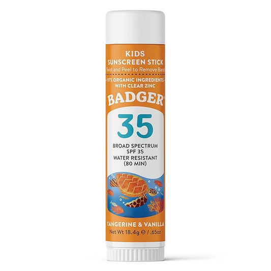 Badger Mineral Kids Sunscreen Face Stick SPF 35, Zinc Oxide Travel Size Sunscreen Stick for Kids, 97% Organic Ingredients, Reef Safe, Water Resistant, .65 oz