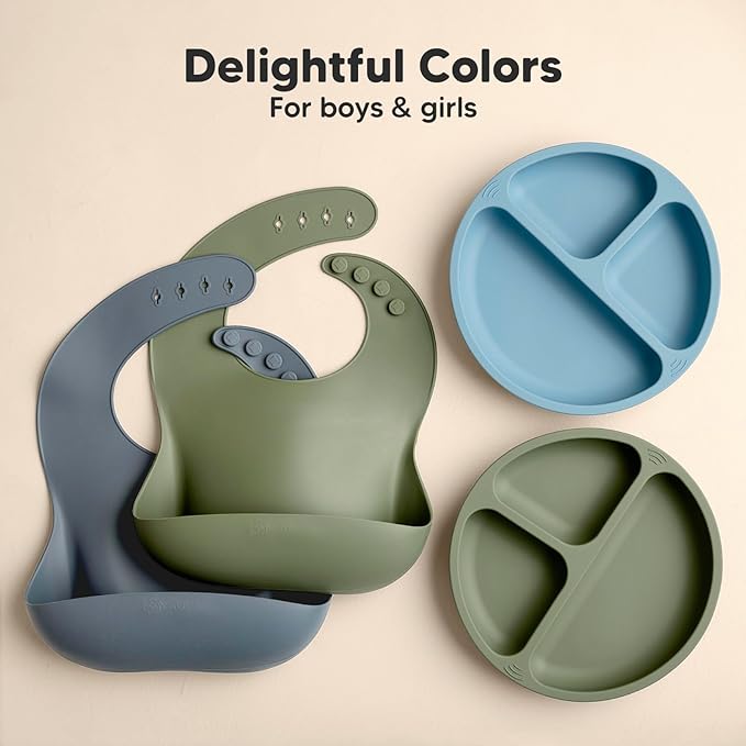 KeaBabies 2-Pack Silicone Baby Bibs for Eating - Sturdy Food-Grade Silicone Bibs for Babies Girl, Boy, Large Food Catcher, Clean & Put On Easily, Waterproof Toddler Feeding Essentials (Slate)