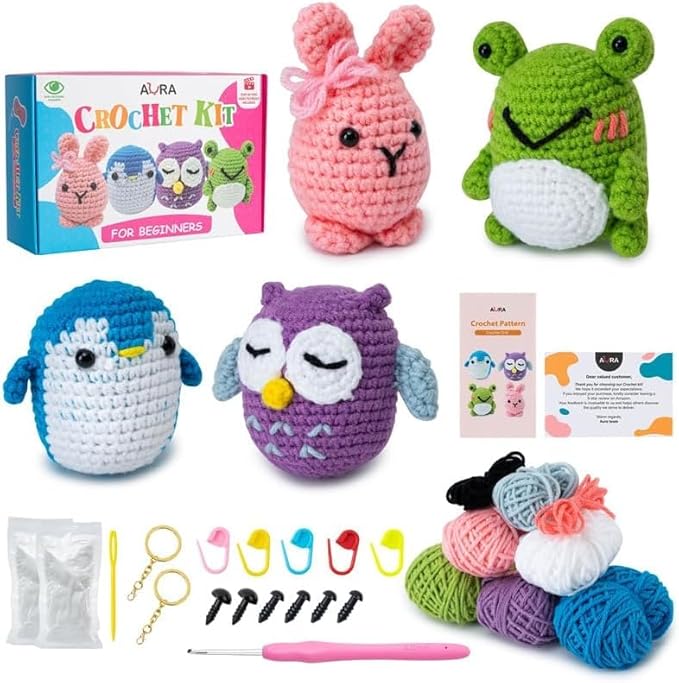 A-URA Learn to Crochet Kit for Beginners Kids and Adults, Premium 4 Animal Pattern Beginner Crochet Kits with Easy Tube Yarn & Step-by-Step Video Tutorials (Forest Friends–Standard Size)