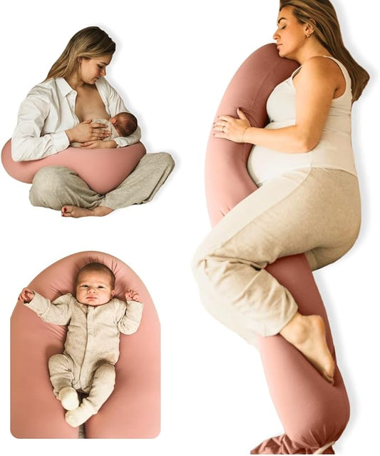 Cuddobaby Pregnancy Pillow 5-in-1 【Cooling Cover, Adjustable Firmness】 Patented Lock Design, Turn into O-Shape Nursing Pillow, 5-Point Full Body Support, Maternity Pillow with Travel Bag - Pink