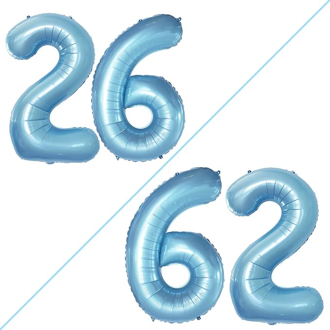 GOER Number 26 Balloons for 26th Birthday Party Decorations,42 Inch Jumbo Foil Helium 62 Balloons for 62nd Birthday Party Decoration (Light Blue)