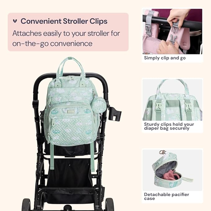 BabbleRoo Diaper Bag Backpack - Baby Essentials, Travel Essentials Baby Bag with Changing Pad, Stroller Straps & Pacifier Case - Unisex, Green Birdy