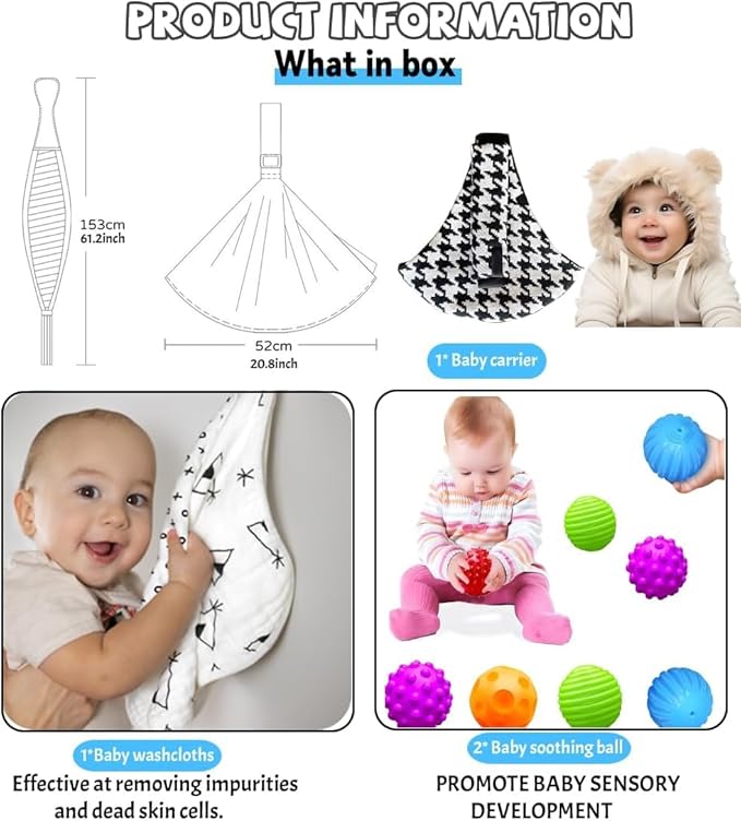 Baby Sling Carrier Adjustable Baby Sling 2025 Upgraded Toddler Sling Comfortable Baby Wrap Carriers Ergonomic-Designed, Travel Friendly Carrying 10-45 Lbs Blackwhite