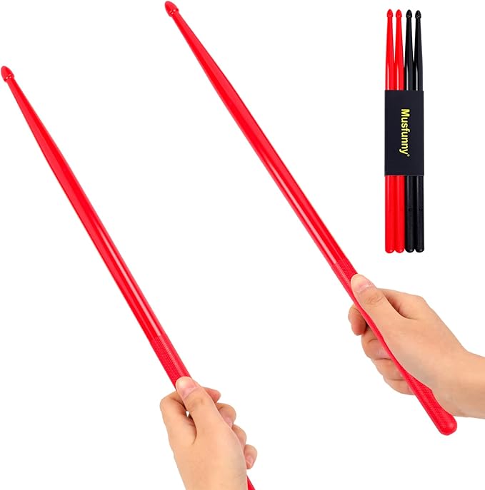 5A Nylon Drumsticks for Kids Adults: Light Durable Drum Sticks Black Red with Anti-Slip Handles for Electronic Drums Exercise Percussion Accessories (2 Pairs)