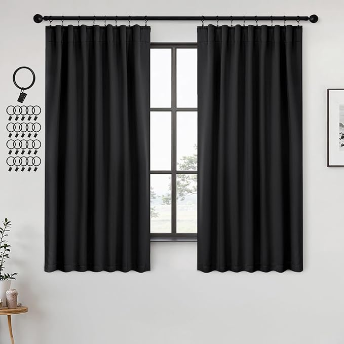 ANRODUO Back Tab Blackout Curtains for Bedroom Living Room, Rod Pocket Pinch Pleated Thermal Insulated Room Darkening Curtains 36 Inches Long 2 Panels, Black, 42 x 36 Inch