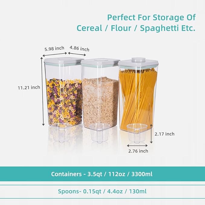 Ankou Airtight Pop Cereal Container, 3300ml Each Large Cereal Containers with Scoops Food Storage Canister Dispenser Perfect For Cereal Flour Spaghetti Rice Kitchen Organizing 3.5qt
