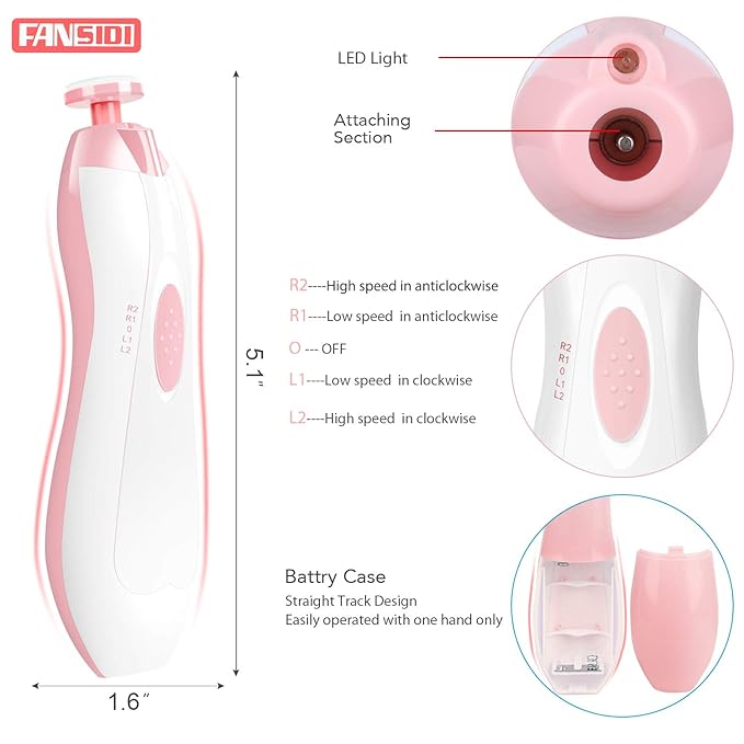 Baby Nail Trimmer Electric, FANSIDI Baby Nail File Infant Nail Clippers with 10 Grinding Pads 8 Sandpapers for Newborn Infant Toddler or Adults Toes Fingernails Care - AA Battery Operated (White/Pink)