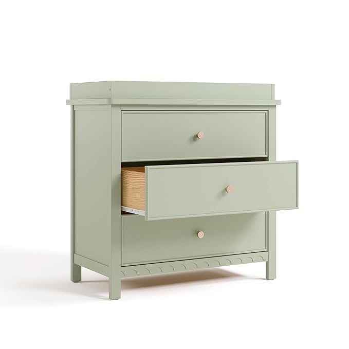 Graco Sasha 3-Drawer Chest with Changing Table Topper (Sage) – GREENGUARD Gold Certified, Nursery Bedroom Wood Chest with Spacious Storage, Interlocking Drawer System, Pre-Installed Tracks