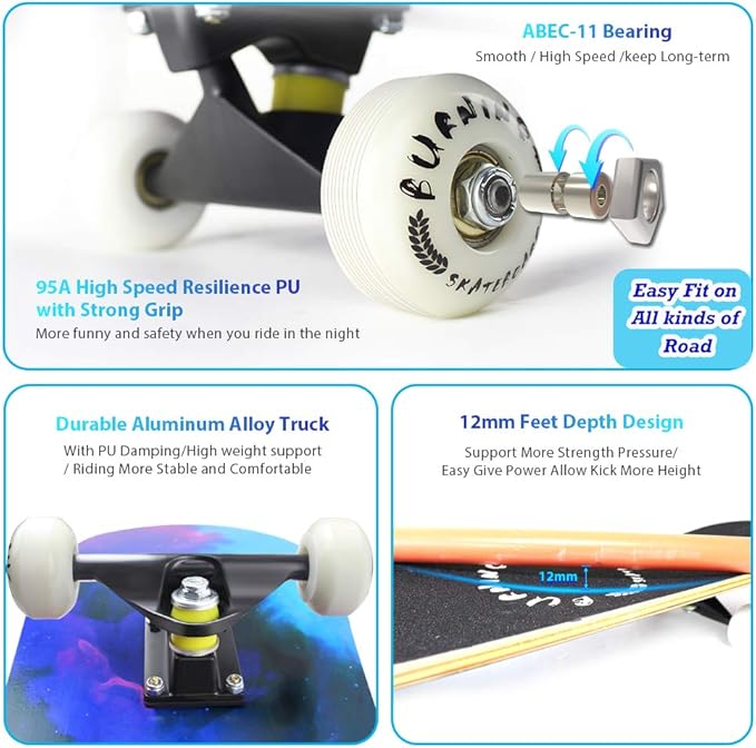 Easy_Way Complete Skateboards- Standard Skateboards for Beginners Kids Boys Girls Teenager- 31''x 8''Canadian Maple Cruiser Pro Skate Board, Skateboards