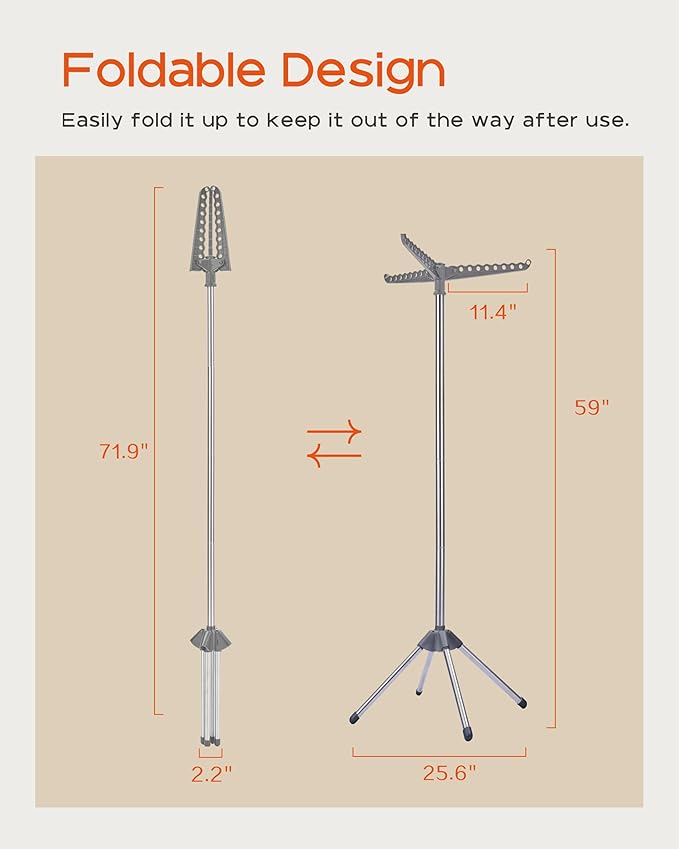 Clothes Drying Rack Foldable, 59 inch Tripod Laundry Drying Rack Indoor with Rotating Clothes Rail for 27 Pieces of Clothes, Space Saving, Stainless Steel, Grey and Silver CDR001G01