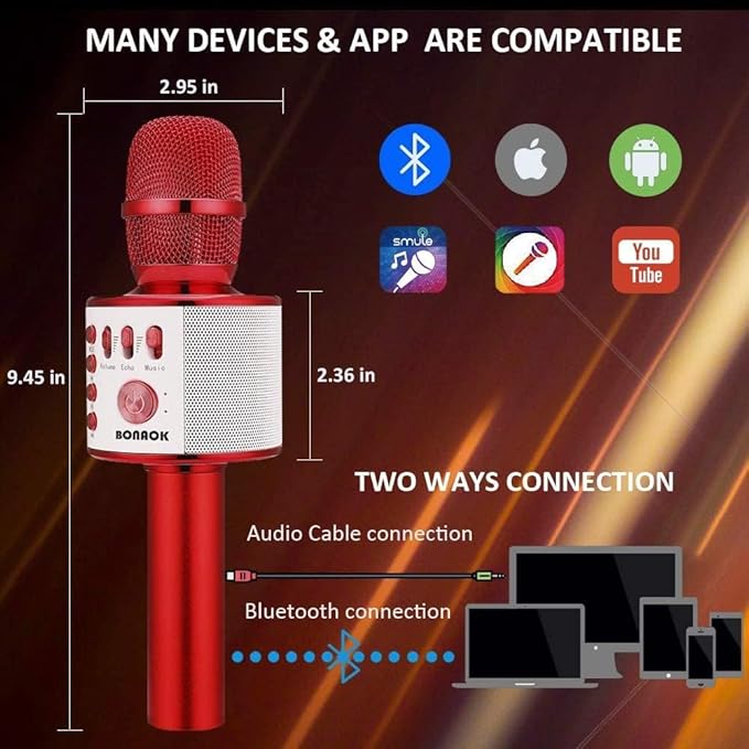 BONAOK Wireless Bluetooth Karaoke Microphone,3-in-1 Portable Handheld Mic Speaker Machine Birthday Home Party for PC or All Smartphone(Q37 Red)