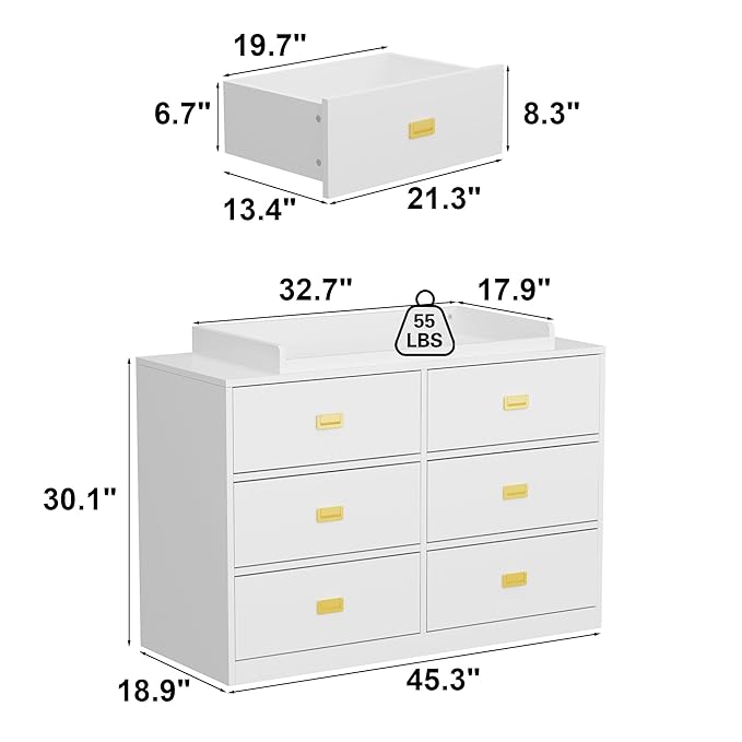 6 Drawer Baby Dresser, Nursery Dresser with Changing Topper, Long Cabinet for Infant Cloth Organize, Changing Station for Nursery and Kids Bedroom Storage, White (45.3" W x 18.9" D x 30.1" H)