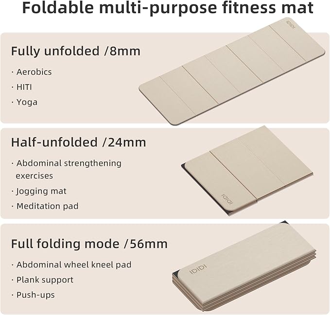 Foldable Yoga Mat Extra Thick 0.32 Inches Eco-Friendly POE Material, Non-Slip Design Fitness Mats, Multi-Purpose Workout Mats For Studio or Home Use (70 x 24 x 0.32 inches）