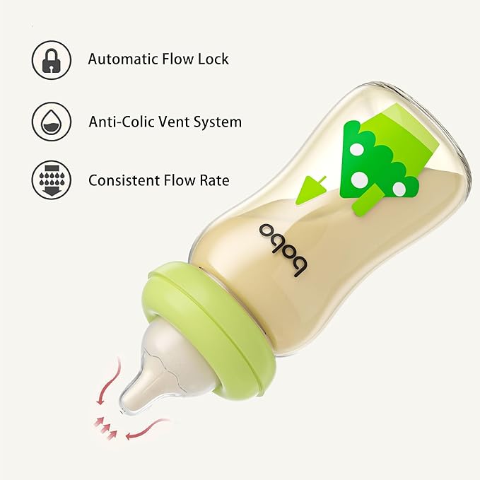 YOHKOH PPSU Baby Bottle Wide Neck, Newborn Anti-Colic Baby Bottle with Natural Response Nipple, Streamlined Body, Easy to Clean (8.8oz (Pack of 4), Green)