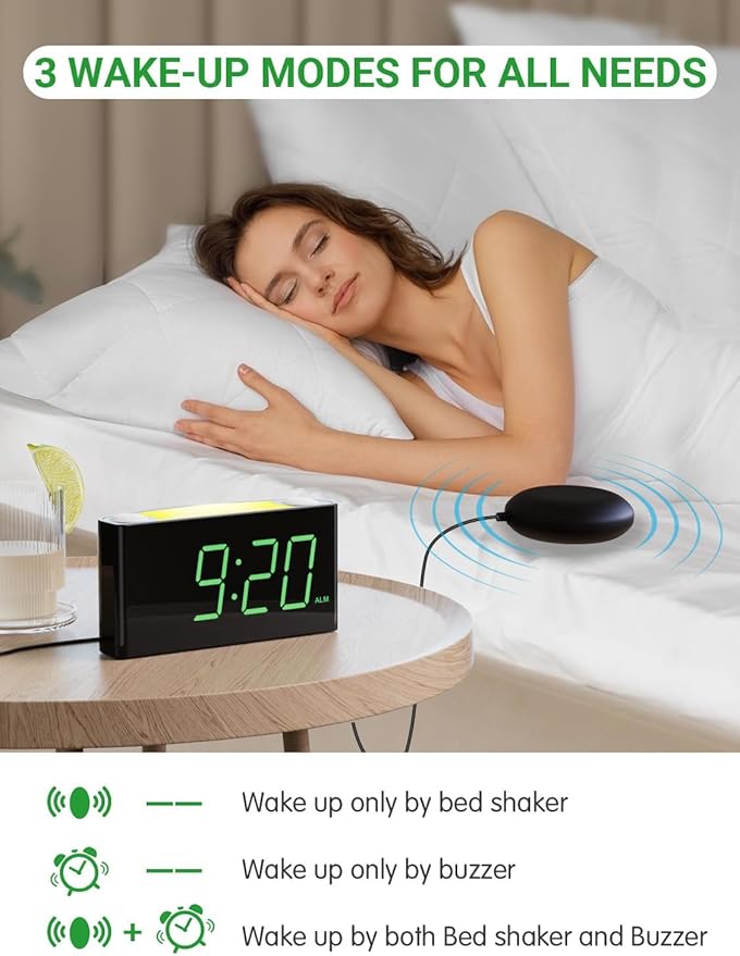 Extra Loud Vibrating Alarm Clock with Bed Shaker for Heavy Sleeper Deaf Hard of Hearing, Large LED Display Digital Clock for Bedroom,Dimmer,Night Light,USB Phone Charger,Battery Backup,Senior Teen Kid