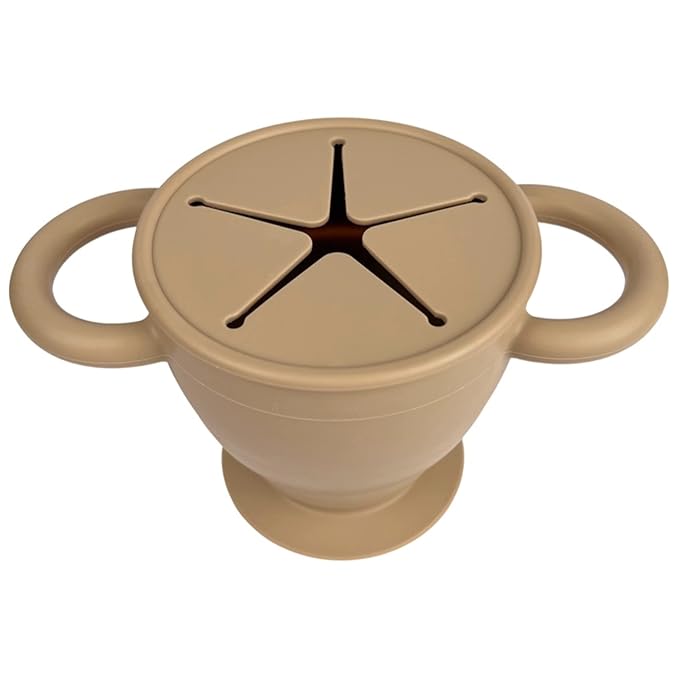 BraveJusticeKidsCo. | Snack Attack II Snack Cup | Collapsible Silicone Snack Container | Toddler and Baby Snack Catcher Lid (Warm Sand)